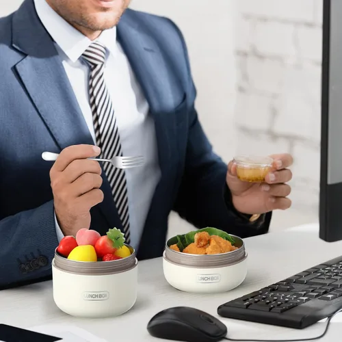 Vista 5 de Dandat 4 Piezas Caja Bento Aislada Contenedor Portátil de Acero Inoxidable para Alimentos Redondo Apto para Microondas Apilable A Prueba de Fugas