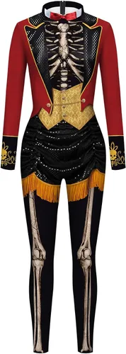 Vista 8 de Disfraz divertido de Halloween para hombre, diseño de esqueleto, overol para cosplay Negro y rojo