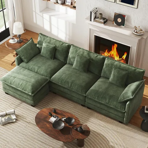 Vista 11 de Sofá de nube en forma de L de 77 pulgadas, sofá modular con otomana, cómodo sofá biplaza de felpilla con almohada para sala de estar, dormitorio