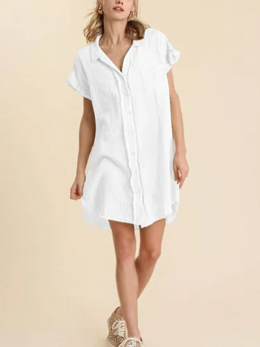 Vista 3 de Paintcolors Camisa de algodón con botones para mujer, de manga corta, túnica de gran tamaño, con bolsillos