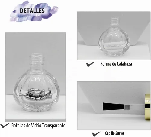 Vista 3 de Botellas vacías de esmalte de uñas, parte superior dorada, 6 botellas de cristal de 0.3 onzas líquidas, forma de calabaza, recargable, transparente