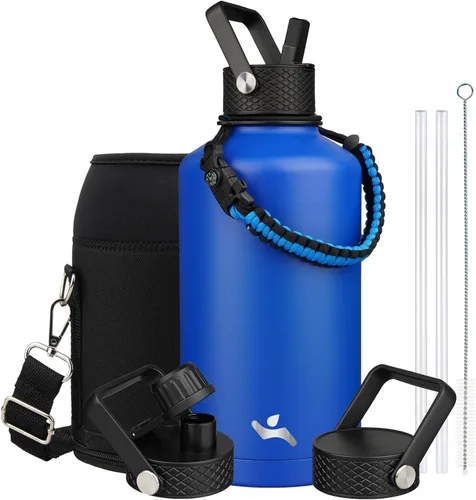 Vista 30 de Konokyo - Botella de agua aislada de 18 onzas, botellas deportivas de acero inoxidable con 3 tapas, verde militar