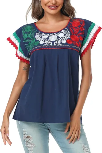 Vista 6 de YZXDORWJ Blusa tradicional colorida de encaje bordado mexicano para mujer, tricolor, camiseta del día de la independencia mexicana