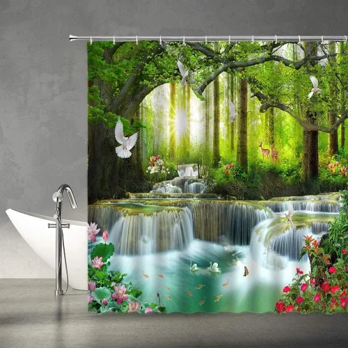 Vista 3 de Cortina de ducha con diseño de cascada, naturaleza, bosque, árbol, animales salvajes, ciervos, pájaros, flores, mariposa, amanecer, verano, paisaje