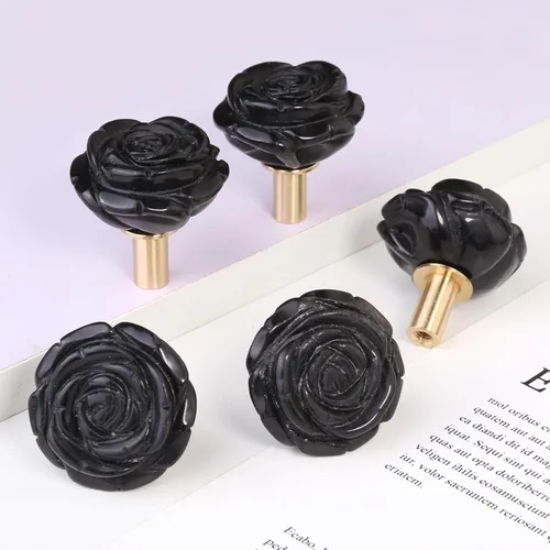 Vista 7 de Rockcloud Paquete de 4 pomos de cristal rosa para cajones, tiradores de armario, pomos de flores, herrajes para muebles, obsidiana negra