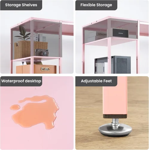 Vista 7 de Escritorio para computadora de 55 pulgadas con estante de almacenamiento - Rosa, ideal para dormitorios, espacios pequeños y oficinas en casa