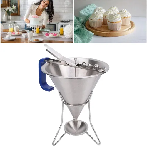 Vista 4 de Embudo de confitería de acero inoxidable con soporte, dispensador de masa de pasteles, herramienta de horneado para panqueques, cupcakes, bolas