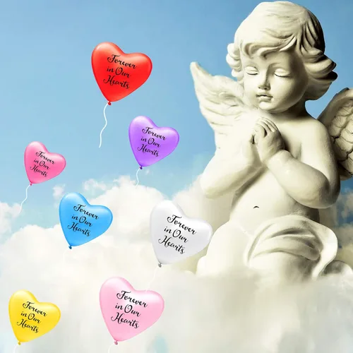 Vista 4 de 72 globos conmemorativos funerarios con forma de corazón para liberar en recuerdo del cielo, personalizados para pérdida amada con 2 rollos de cinta