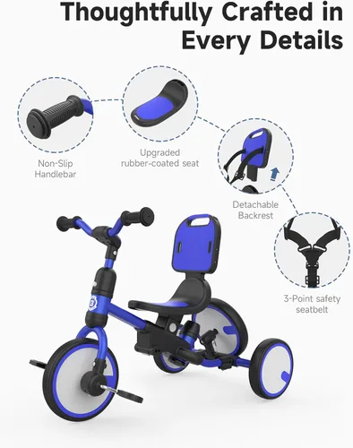 Vista 4 de besrey Triciclo para niños pequeños con rueda de repuesto, bicicleta para niños de 1 a 3 años, triciclo 5 en 1 para niños con asa de empuje