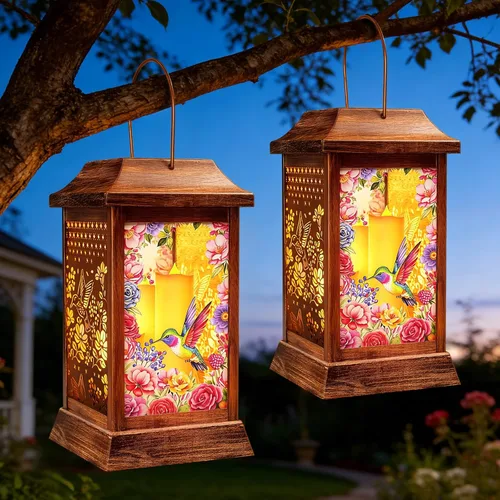 Vista 14 de Linternas solares de mariposa al aire libre impermeables, luces colgantes de metal y vidrio para decoración de jardín, regalos de cumpleaños