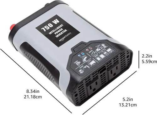 Vista 8 de Amazon Basics Inversor de corriente para automóvil de 750 W, 12 V a 110 V para vehículos, gris, 8.34 x 5.2 x 2.2 pulgadas