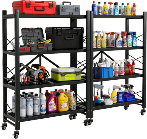 Vista 11 de Grezone Estantes plegables de 3 niveles de almacenamiento de metal resistente con ruedas – No se ensambla unidad de estantería plegable para cocina