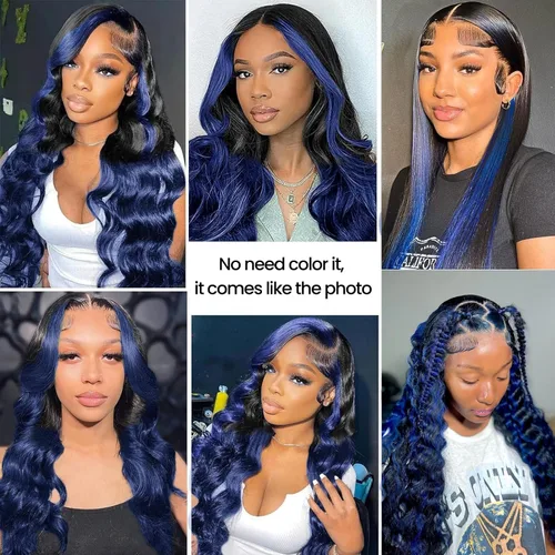 Vista 2 de Black Mix Blue Highlight Bundle Cabello humano ondulado 14 16 18 IN