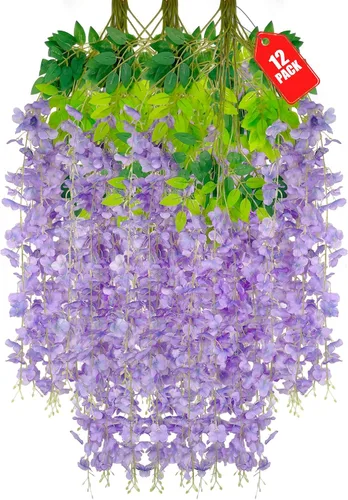 Vista 11 de Paquete de 12 flores colgantes de glicina rosa, flores colgantes falsas de 3.44 pies, guirnalda de glicina artificial para decoración de boda, telón