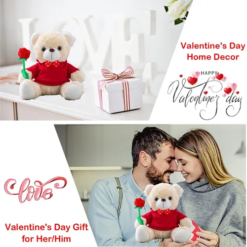 Vista 6 de Oso de peluche personalizado con foto y texto personalizado, oso de peluche de San Valentín con rosa y lazo para ella como regalo personalizado