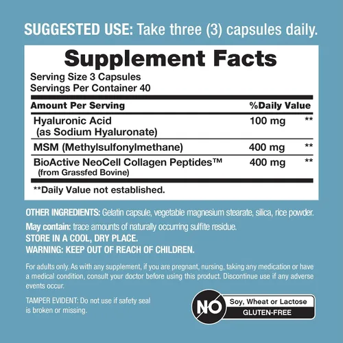 Vista 4 de Complejo de ácido hialurónico NeoCell 900mg 120 Cápsulas