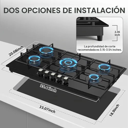 Vista 4 de Estufa de Gas de Propano de 36 Pulgadas, Estufa de Gas Empotrada de 5 Quemadores con Panel de Vidrio Templado, Placa de Cocina de Propano