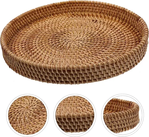 Vista 5 de BESTonZON Bandeja de mesa de centro de ratán, cesta de mimbre rústica, bandeja de almacenamiento de alimentos, bandeja de tocador, marrón claro
