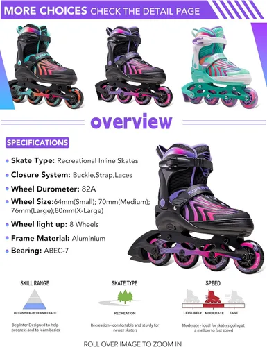 Vista 3 de SUPER YOUNGSTER Patines en línea para niñas, niños y niños de 4 a 12 años, patines ajustables con luces para jóvenes y adolescentes de 8 a 12 años