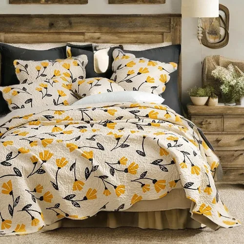 Vista 6 de DaDa Bedding - Juego de colcha acolchada con diseño floral botánico de flores amarillas y doradas, diseño de tulipanes de primavera, bordes