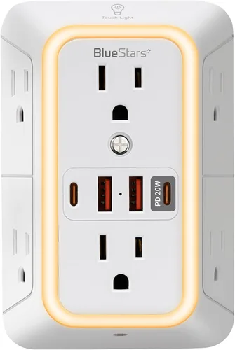 Vista 13 de Regletas de corriente para montaje en pared, cargador de pared, extensor de 6 enchufes, 4 puertos USB (5V, 2.4A, 12W) y luz nocturna, regleta