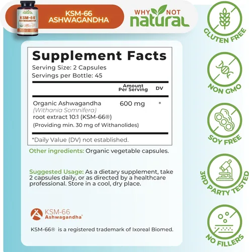 Vista 3 de Why Not Natural Ashwagandha Orgánica KSM 66 Suplementos Cápsulas - KSM66