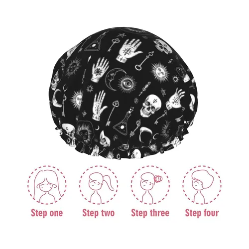 Vista 7 de Gorro de ducha gótico, cuervo, cuervo, calavera, luna, estrella, gótico, gorra de baño diseñada para mujeres, impermeable, doble capa