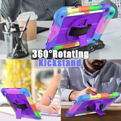 Vista 3 de Funda para iPad de 10.9 pulgadas 2022, duradera, ligera, a prueba de golpes, con soporte para lápices, soporte giratorio de 360º, correa