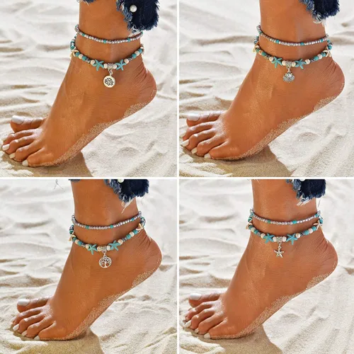 Vista 3 de Suyi 5 pulseras de tobillo para mujer, tobilleras ajustables en capas de playa, tobilleras de cadena bohemia, joyería de pie