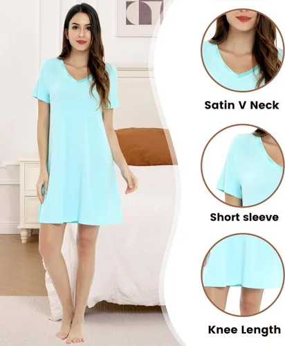 Vista 3 de NACHILA Camisones de viscosa para mujer, hechos de bambú, suaves camisas de dormir de manga corta, ropa de dormir suelta