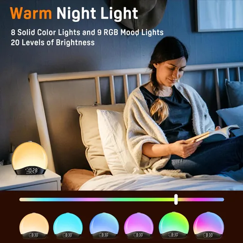 Vista 2 de JALL Reloj despertador Sunrise para dormitorios con máquina de sonido de ruido blanco, despertador de luz despertador para personas que duermen