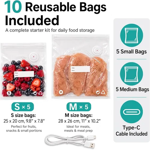 Vista 7 de Sellador al vacío para alimentos con 10 bolsas reutilizables, color gris