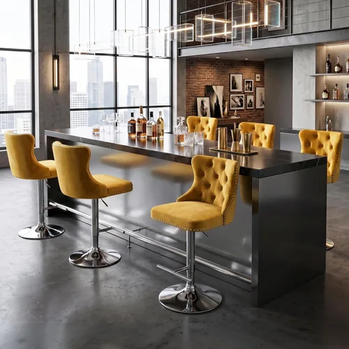 Vista 319 de SoarFlash Juego de 2 taburetes de bar tapizados de terciopelo moderno con patas de madera, botones acolchados, cabeza de clavo cromada, asiento