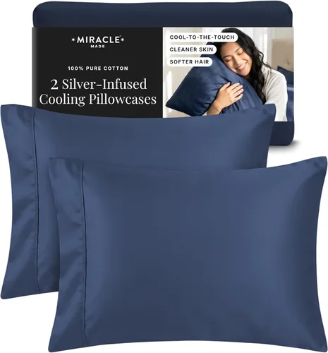 Vista 3 de Miracle Made Juego de fundas de almohada de algodón suave y transpirable, 2 piezas, con tratamiento plateado, fundas frescas al tacto para una