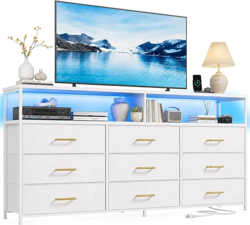 Vista 10 de Cómoda para dormitorio con 9 cajones, soporte de TV LED con tomas de Marrón