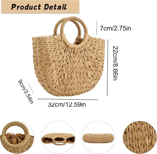 Vista 5 de Bolso de paja de las mujeres, tejido a mano de la rota del bolso de la manija del embrague del bolso retro de la playa