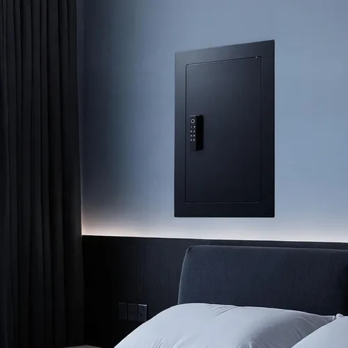 Vista 8 de VEVOR Caja fuerte de pared oculta de 3 niveles con huella digital, contraseña, llave y perilla giratoria, Q235 caja de pared de acero laminado