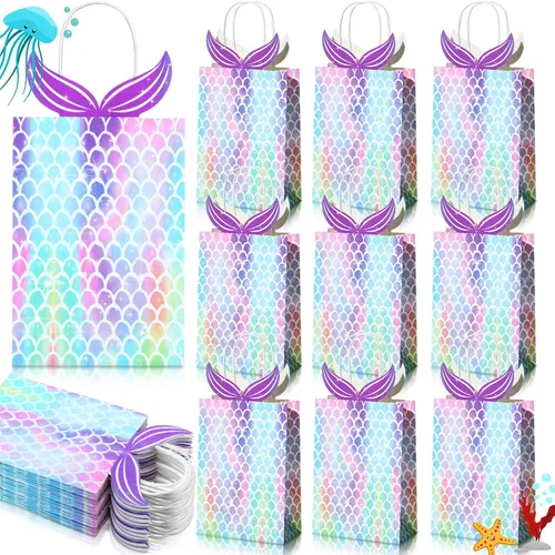Vista 7 de Chinco 10 bolsas de regalo de sirena, regalos de fiesta, bolsas de dulces con asa, suministros de fiesta de sirena para niñas, cumpleaños, baby