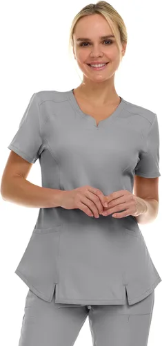 Vista 12 de MediChic Scrubs Top Quirúrgico para Mujer con Cuello en V con Muesca Elástico de Moda con Dos Bolsillos, Tela Flex de Fácil Cuidado Blanco