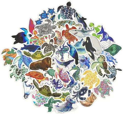 Vista 4 de Aowplc 100 calcomanías de animales marinos, paquete de calcomanías de vinilo impermeable para vida marina