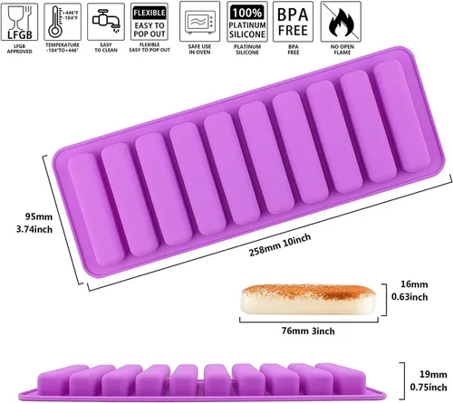 Vista 2 de Molde de silicona de tira larga, 2 unidades, 10 cavidades, molde de chocolate, forma de dedo, rectangular, cereales, barra de chocolate, moldes