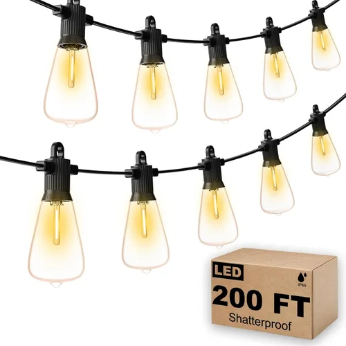Vista 17 de Guirnalda de luces LED para exteriores, 25 pies, impermeables, para patio, con 12+1 bombillas Edison ST38 inastillables, luz colgante blanca cálida