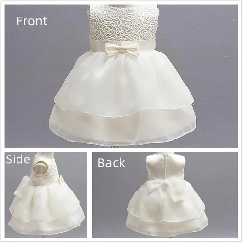 Vista 3 de BabyCheer Vestido de bautizo para niñas y bebés, falda de encaje con volantes, vestido de bendición, vestido de flores sin mangas, Marfil
