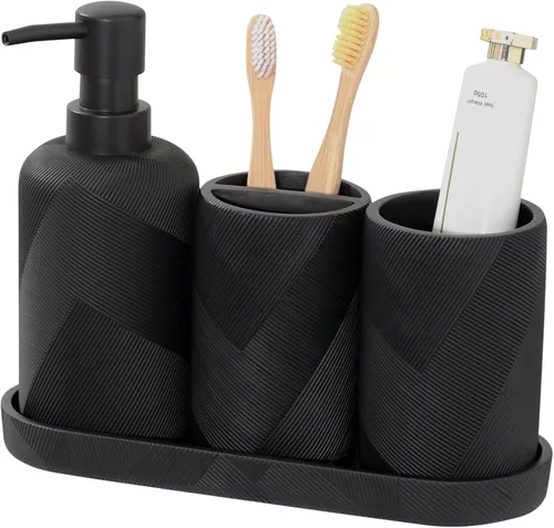 Vista 10 de Juego de accesorios de baño, organizador de baño para encimera, dispensador de jabón y soporte para cepillo de dientes, taza de enjuague bucal