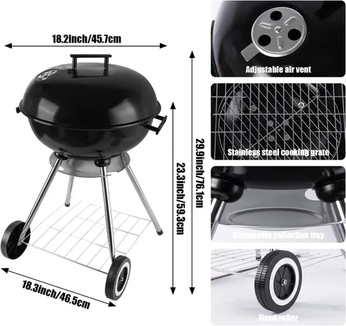 Vista 6 de Parrilla de carbón: Parrilla de carbón con asa, adecuada para patio trasero, al aire libre, (18 pulgadas)