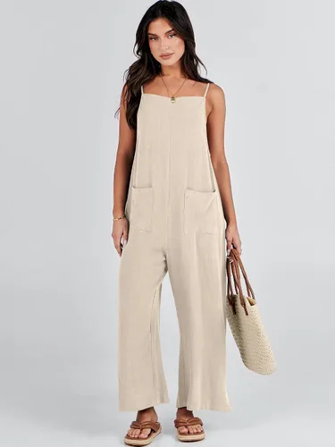 Vista 7 de ANRABESS Overol de lino con bolsillos para mujer, estilo casual, suelto, largo, con pierna ancha