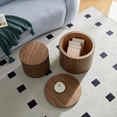 Vista 10 de KEVINSPACE Juego de 2 mesas auxiliares pequeñas, mesa auxiliar redonda con función de almacenamiento, mesa auxiliar de madera, mesas decorativas