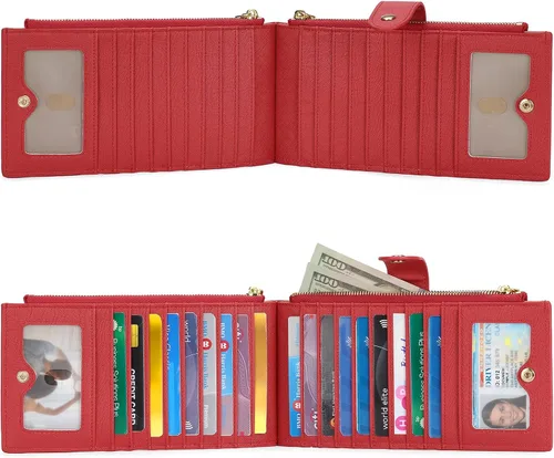 Vista 7 de GOIACII - Carteras para mujer de dos pliegues con bloqueo RFID y 2 bolsillos con cremallera, Rojo, M