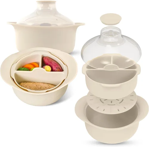 Vista 11 de Olla de vapor de microondas de silicona platino de 27oz con asa y tapa - Tazón de vapor coreano 100% apto para alimentos, olla resistente al calor