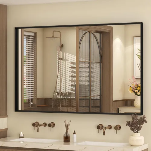 Vista 74 de Paquete de 2 espejos de baño con marco de metal negro de 22 x 30 pulgadas, espejo rectangular redondeado negro mate, antioxidante, se cuelga